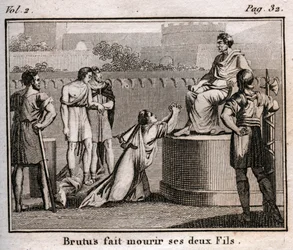 Lucius Junius Brutus condemns his own sons to death for plotting to restore the Tarquins, the expelled kings of Rome, 509 BC - Engraving from The Rollin of Youth or Chosen Pieces of Ancient and Roman Stories 1816 - Private collection