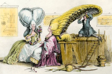 Large eccentric hairstyles: young women of the nobility styled by a wig. Engraving from 1788