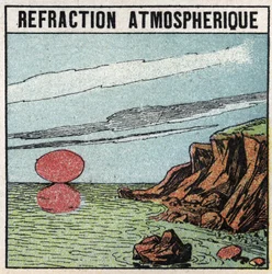 Light refraction: Atmospheric refraction gives the illusion that the sun is bigger at the rise or sunset than at the zenith. Anonymous illustration from 1925. Private collection.