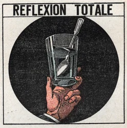 Light Refraction: Total Reflection Observed with a Silver Spoon in a Glass of Water. Anonymous Illustration from 1925. Private Collection.