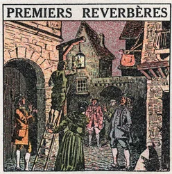 Light sources: the first streetlights installed in France in 1677. Anonymous illustration from 1925. Private collection.