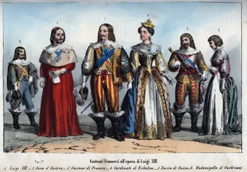 Louis XIII - Anne of Austria (1601-1666) - Gaston of France (Gaston, Duke of Orleans) - Armand Jean du Plessis, Cardinal de Richelieu - Henri II de Guise (Henry II, Duke of Guise) - Anne-Marie Budes de Guebriant - engraving from 