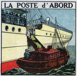 Mail: ship delivering mail on board a liner. Anonymous illustration from 1925. Private collection.