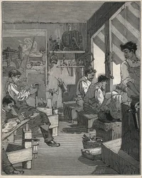 Manufacture of combs in a workshop in France in the 19th century. Engraving from 1885 in 