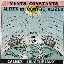 Meteorology: constant winds. Alizes, against alizes, zones of calm equatorial (pot in black). Anonymous illustration from 1925. Private collection.