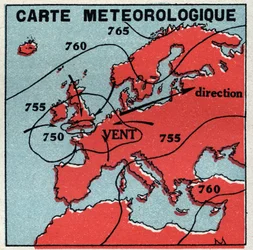 Meteorology: meteorological map. Anonymous illustration of 1925. Private collection.