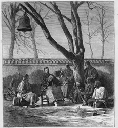 Missionary teaching Catholic doctrine in Henan Province, China. Engraving in 