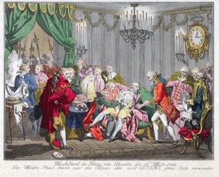 Death of Gustav III of Sweden (1746-1792) - The Assassination of King Gustav III on 16 March 1792 - Anonymous - 1792 - Etching, watercolour - 33,5x46,3 - Private Collection