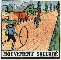 Movements: jerking movement. A child playing with a hoop. Anonymous illustration from 1925. Private collection.