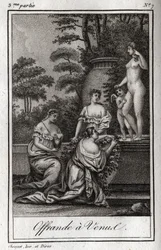 Offer to Venus. Little loves (cherubs) gather to pay tribute to the goddess Aphrodite. Engraving from 1819 in 