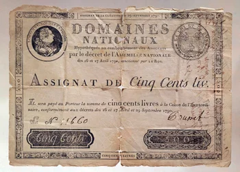 Paper issued during the French Revolution: an assignat of 500 livres from 1790. Private collection