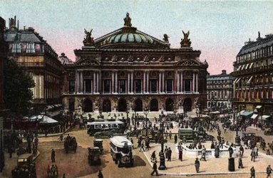Paris: view of the Opera facade and the Metro station on the Place de l