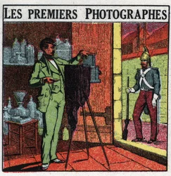 Photography: The First Photographers in the 19th Century. Photographer Portraying a Soldier in His Studio. Anonymous Illustration from 1925. Private Collection.