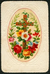 Pious image: Cross with flowers