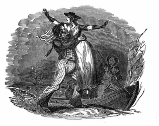 Pirate Charles Gibbs takes a Dutch girl from his ship (early 19th century). Engraving from The Pirate