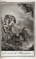 Pluto (Hades) takes Persephone (Proserpine) in front of her mother, Ceres (Demeter), and takes her to the kingdom of the Underworld. Pluto carries off Persephone to his kingdom, the underworld, in Greek mythology. Engraving from 1819 in Lettres a Emilie s
