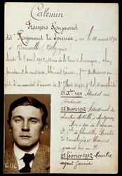 Police sheet of Raymond Callemin dit Raymond la Science (1890-1913), accomplice of Jules Bonnot with the list of his crimes