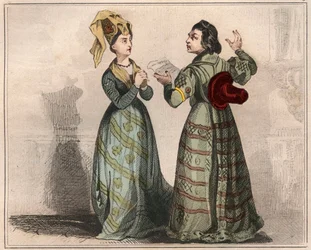 Portrait of Alain Chartier, French diplomat and writer (1385-1433), with a lady of the court of Charles VI. Engraving from 1859 in Le Monde. History of all peoples from the most remote times to the present day by M. E. de Lostalot Bachoue.