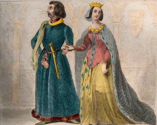 Portrait of Charlotte de Savoie (1441-1483) Queen of France, with Louis XI of France, known as the Prudent (1423-1483). Engraving from 1859 in Le Monde. History of all peoples from the most remote times to the present day by M. E. de Lostalot-Bachoue.