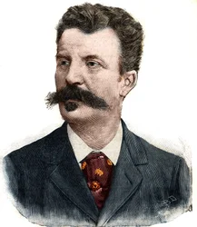 Portrait of Guy de Maupassant (1850-1893), French writer. Engraving in «Le Petit Parisien»
