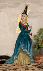 Portrait of Joan of Flanders, wife of Jean de Montfort, Duke of Brittany. Engraving from 1859 in 