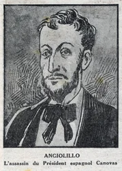 Portrait of Michele Angiolillo Lombardi, known as Jose Sants or Rinaldini, Italian anarchist (1871-1897), assassin of the President of the Spanish Council, Antonio Cánovas del Castillo (1828-1897). Engraving in “L