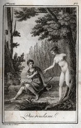 QUERCULANES, nymphs, channel protectors. Engraving from 1819 in “Lettres a Emilie sur la mythologie” by Charles Albert Demoustier. Private collection.