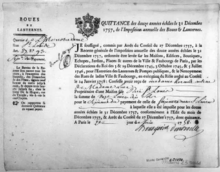 Receipt from the Office of Revenue concerning the payment of Taxes for the Mud and Lanterns, dated December 1757