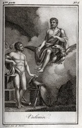 Representation of Vulcan, god of fire, forge and volcanoes. Engraving from 1819 in 
