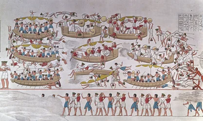 Representation of the Battle of the Nile Delta between the Armies of Ramses III and the Peoples of the Sea. From a relief to the funeral temple of Medinet Habou, Egypt