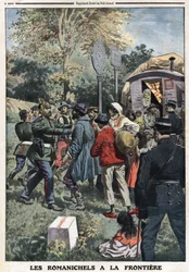 Romanichels on the border: the French gendarmes relegate nomadic families to the German border or German gendarmes stop them from entering their country. Engraving in 