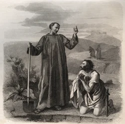 Saint Benedict of Nursia Welcoming Totila, King of the Ostrogoths. Engraving from 1846 in 