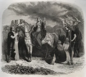 Saint Radegonde burned a Pagan temple and converted the Gauls to Christianity - Engraving from 1846 in 