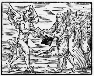 Satan presents a black book to followers in exchange for the book of the Gospels - “Compendium Maleficarum”, on witches, their misfortunes and their sorceries, by Francesco Maria Guazzo or Guaccio or Guaccius (15?? -16??), 1608, Private Collection