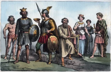 Saxon warrior and Anglo Saxons - engraving from Usi e Costumi di Tutti i Popoli dell