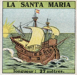 Ships and ships: Santa Maria, caravel of Christopher Columbus (1451-1506) when he discovered America in 1492. Anonymous illustration from 1925. Private collection.