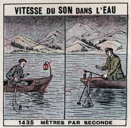 Sound energy: speed of sound in water. Experiment of 1826-1827 by Jean Daniel (Jean-Daniel) Colladon (1802-1893) and Charles François Sturm (1803-1855) on Lake Geneva (Lac Léman). Two boats moored 14 km apart, one of the boats supported a bell, a hammer h