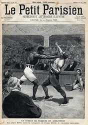 Sport, Boxing: A boxing match in England between Peter Jackson and Australian champion Frank Slavin. Engraving. One of the newspaper 