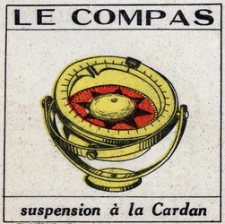 Terrestrial magnetism: the compass using the suspension has the gimbal to obtain the horizontality. Anonymous illustration from 1925. Private collection.