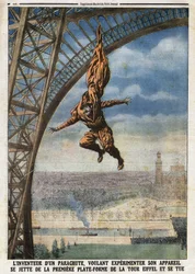 The French tailor Franz Reichelt, inventor of a parachute, throws himself off the Eiffel Tower and kills himself. Engraving in 