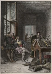 The King of France Francois I, protector of arts and letters, visiting the workshops of the printers Estienne, circa 1540