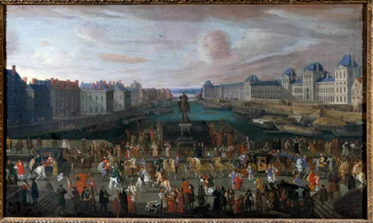 The Pont Neuf seen from the entrance to Place Dauphine, the Quai Malaquais with the College of Four Nations (Institut de France) under construction, the Grande Galerie and the Louvre during the passage of a procession. Anonymous painting. 1665.