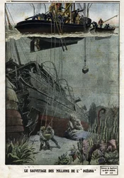 The Rescue of the Millions of the Oceana: Scaphandlers dive off Eastbourne to pick up the 18 million metal that the British liner was supposed to transport to India. Engraving in 