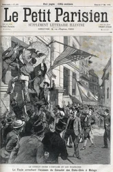 The Spanish-American War: the crowd ripping the badge of the US Consulate in Malaga, Spain in 1898. Cover of Le petit Parisien from May 1898.