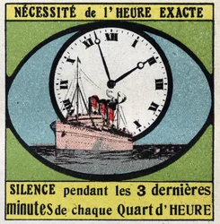 The T.S.F.: requires the exact time. Silence for the last 3 minutes of every quarter hour. Anonymous illustration from 1925. Private collection.