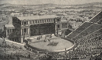 The Theatre of Dionysus, the Acropolis, Athens, Greece - reenactment of 1890 of the Theatre of Dionysus in ancient Athens, Greece - engraving, 1890