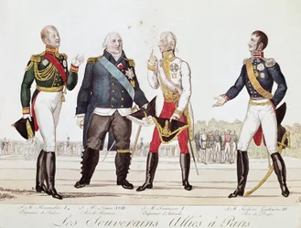 The allied sovereigns: Alexander 1st of Russia, Louis XVIII of France, Francois II of Austria and Frederich William III of Prussia during signature of Alliance in Paris September 1815