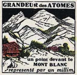 The atom and science: the size of atoms. A point in front of Mont Blanc represented by a millimetre. Anonymous illustration from 1925. Private collection.