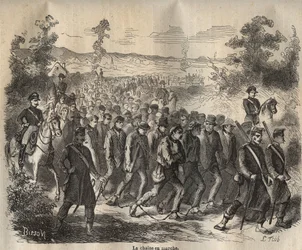 The chain started at the Toulon Bagne in the 19th century. Engraving in Histoire des bagnes depuis leur création à nos jours (1877) by Pierre Zaccone. Private collection.