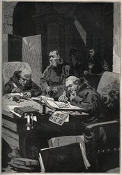 The chrysograph: copyist monks carrying out illuminations in gold letters in the Middle Ages. Engraving from 1885 in “Les arts et métiers illustrés” by Adolphe Bitard.